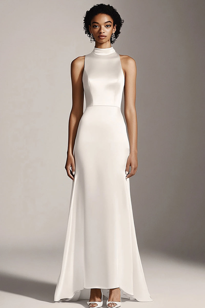 Queendancer Women Ivory Satin Maxi Rehearsal Dinner Dress High Neck Sheath  Wedding Reception Dress – queendanceruk