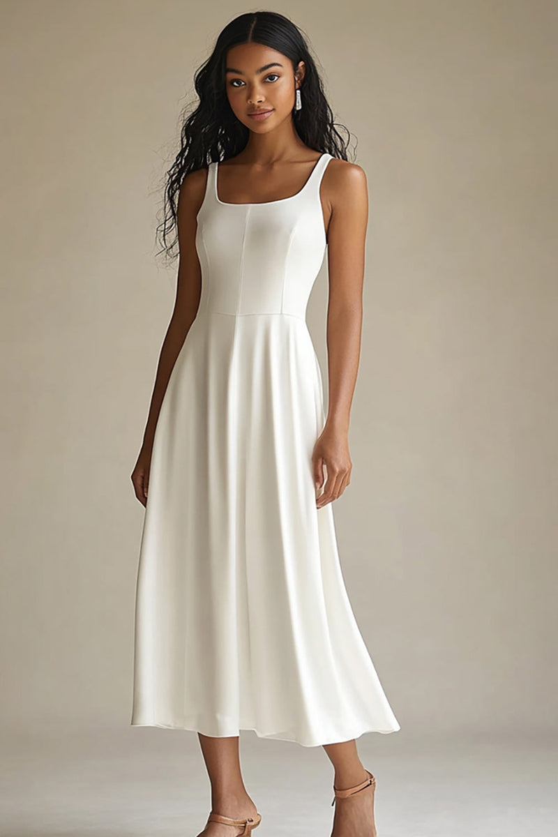 Queendancer Women Simple Ivory Satin Midi Engagement Dress Scoop Neck Rehearsal Dinner Dress queendanceruk Queendancer Women Simple Ivory Satin Midi Engagement Dress Scoop Neck Rehearsal Dinner Dress queendanceruk