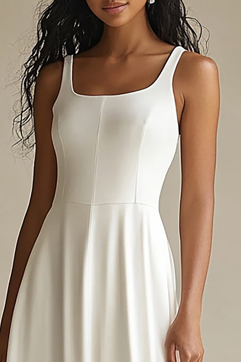 Queendancer Women Simple Ivory Satin Midi Engagement Dress Scoop Neck  Rehearsal Dinner Dress – queendanceruk