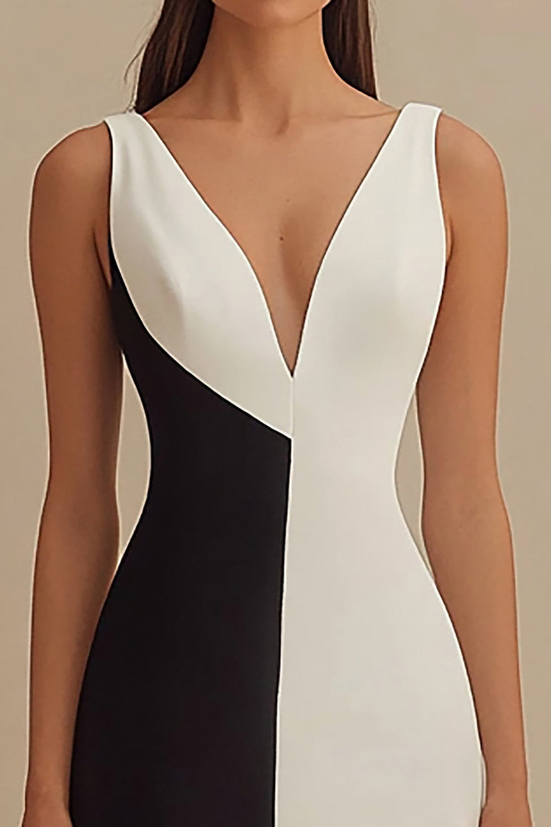 Load image into Gallery viewer, Black and White Mermaid V-Neck Satin Long Formal Dress
