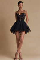 Load image into Gallery viewer, Women Tulle A Line Cocktail Dress with Appliques Lace Spaghetti Straps Little Black Dress