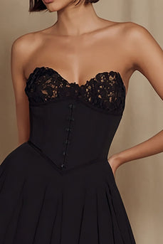Black Strapless A Line Mini Cocktail Dress with Lace