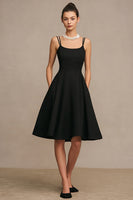 Load image into Gallery viewer, Simple Black Spaghetti Straps A Line Satin Midi Cocktail Dress