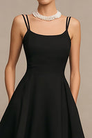 Load image into Gallery viewer, Simple Black Spaghetti Straps A Line Satin Midi Cocktail Dress