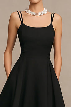 Simple Black Spaghetti Straps A Line Satin Midi Cocktail Dress