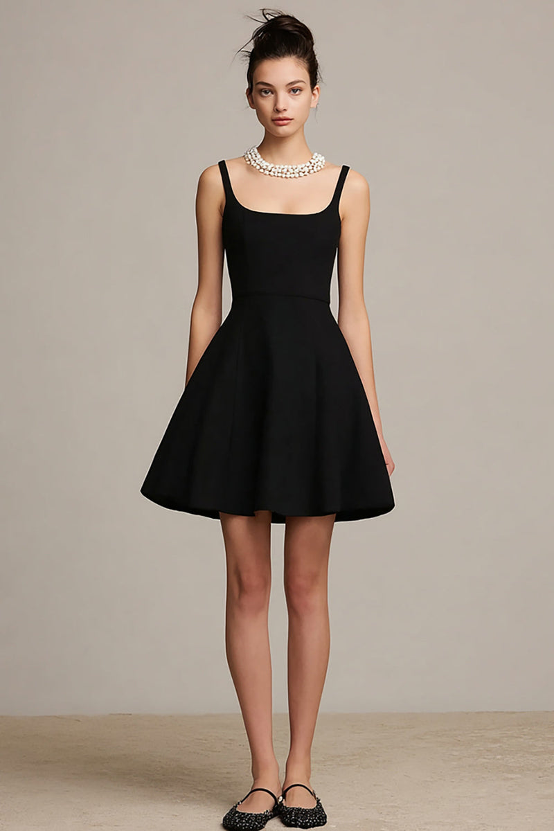 Load image into Gallery viewer, Simple Black Satin A Line Spaghetti Straps Mini Cocktail Dress