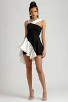Load image into Gallery viewer, Black and White Asymmetrical Tight Cocktail Dress with Ruffles