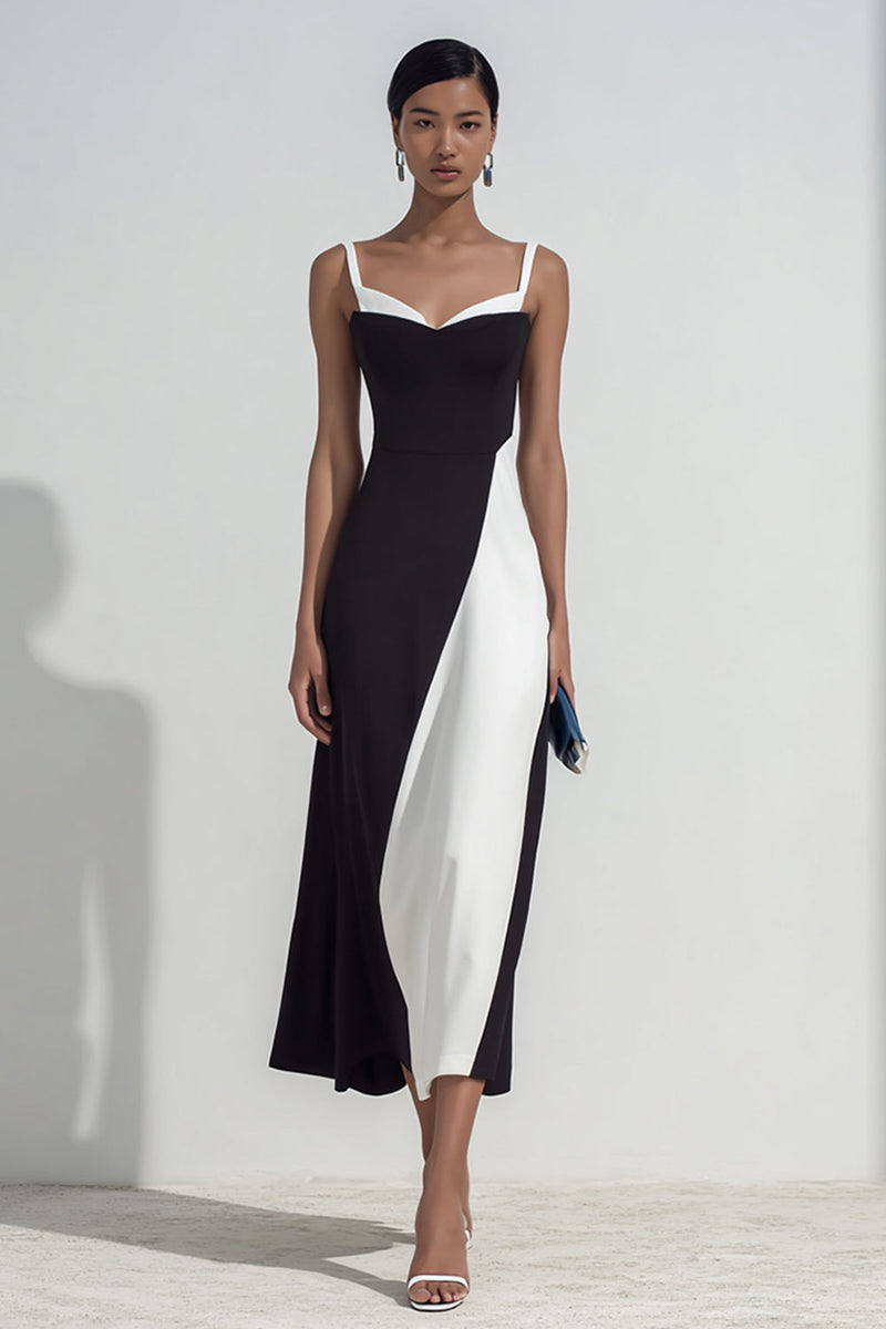 Load image into Gallery viewer, Black and White Patchwork Sheath Spaghetti Straps Maxi Formal Dress