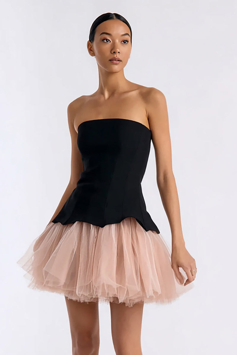 Load image into Gallery viewer, Simple Black and Pink Tulle A Line Strapless Short Cocktail Dress