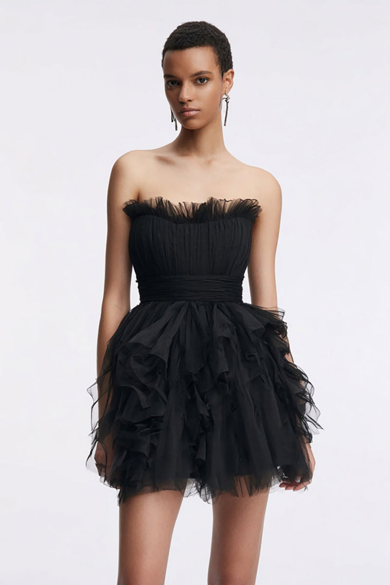 Queendancer Women Simple Tulle Little Black Dress with Ruffles Strapless A  Line Cocktail Dress – queendanceruk