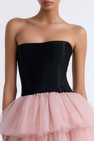 Load image into Gallery viewer, Black and Pink A Line Strapless Tiered Tulle Short Cocktail Dress