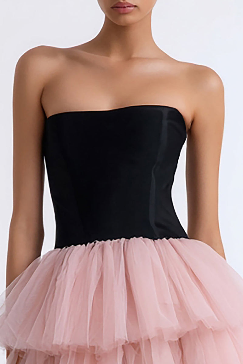 Load image into Gallery viewer, Black and Pink A Line Strapless Tiered Tulle Short Cocktail Dress