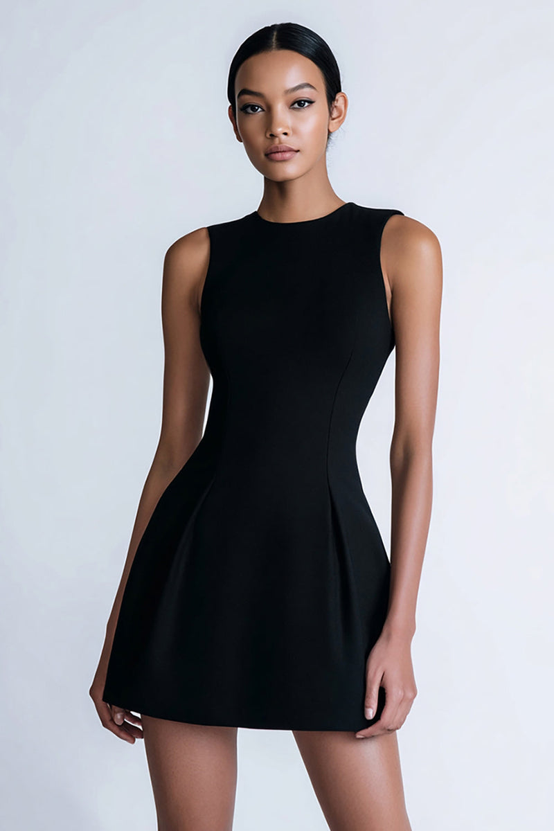 Load image into Gallery viewer, Simple A Line Crew Neck Satin Little Black Dress