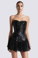 Load image into Gallery viewer, Sparkly Sweetheart A Line Sequins Little Black Dress with Tulle