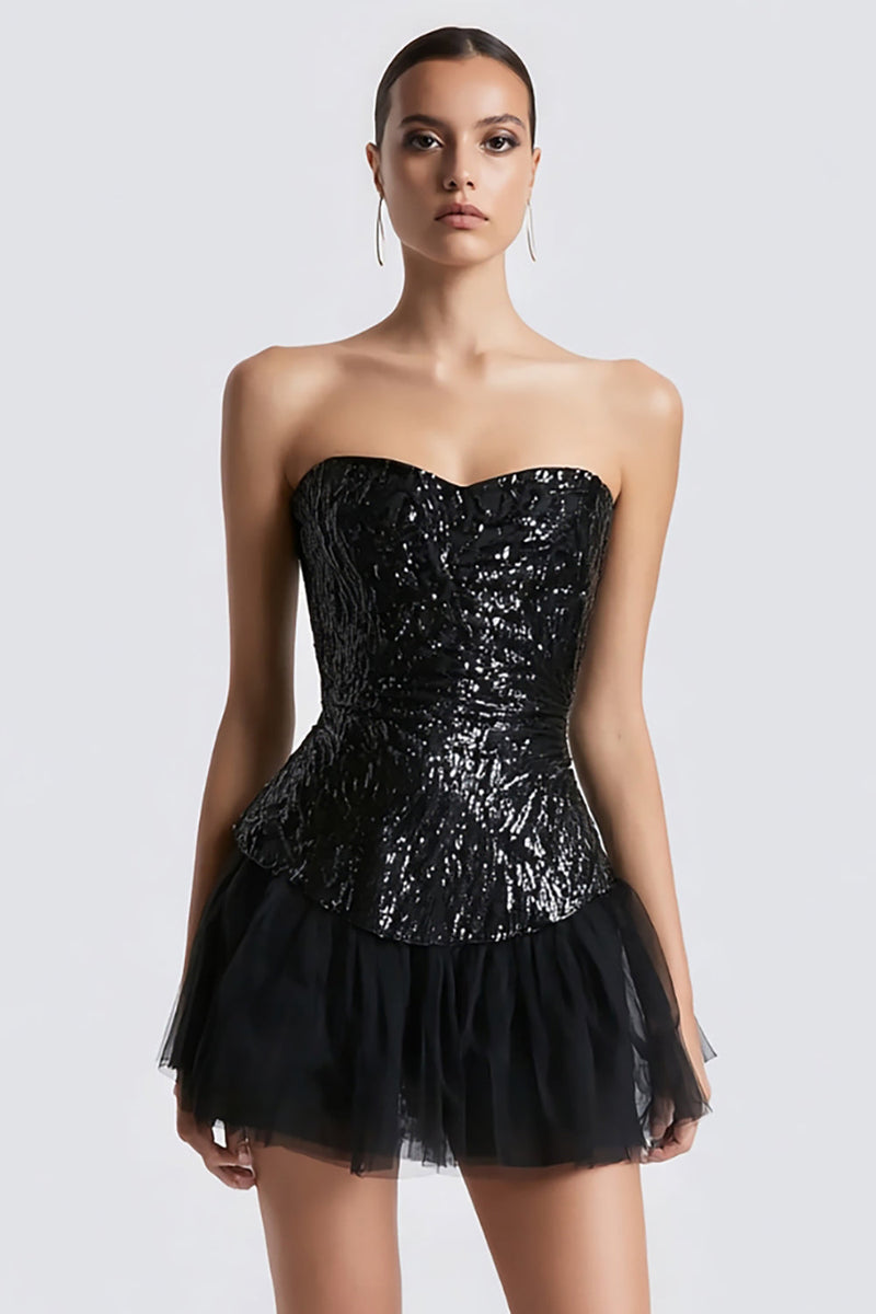 Load image into Gallery viewer, Sparkly Sweetheart A Line Sequins Little Black Dress with Tulle