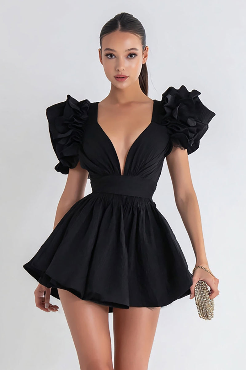 Load image into Gallery viewer, Black A Line V Neck Short Cocktail Dress with Ruffles