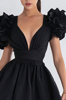Black A Line V Neck Short Cocktail Dress with Ruffles