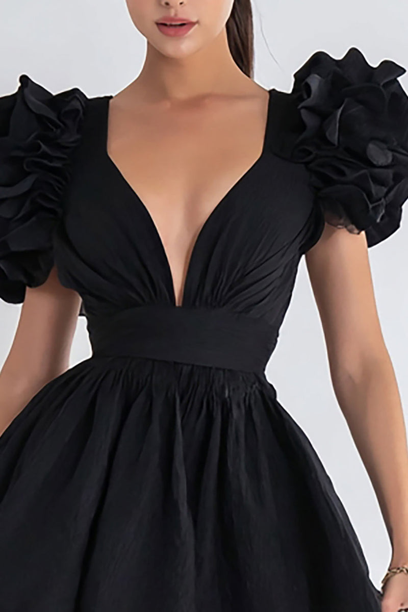 Load image into Gallery viewer, Black A Line V Neck Short Cocktail Dress with Ruffles