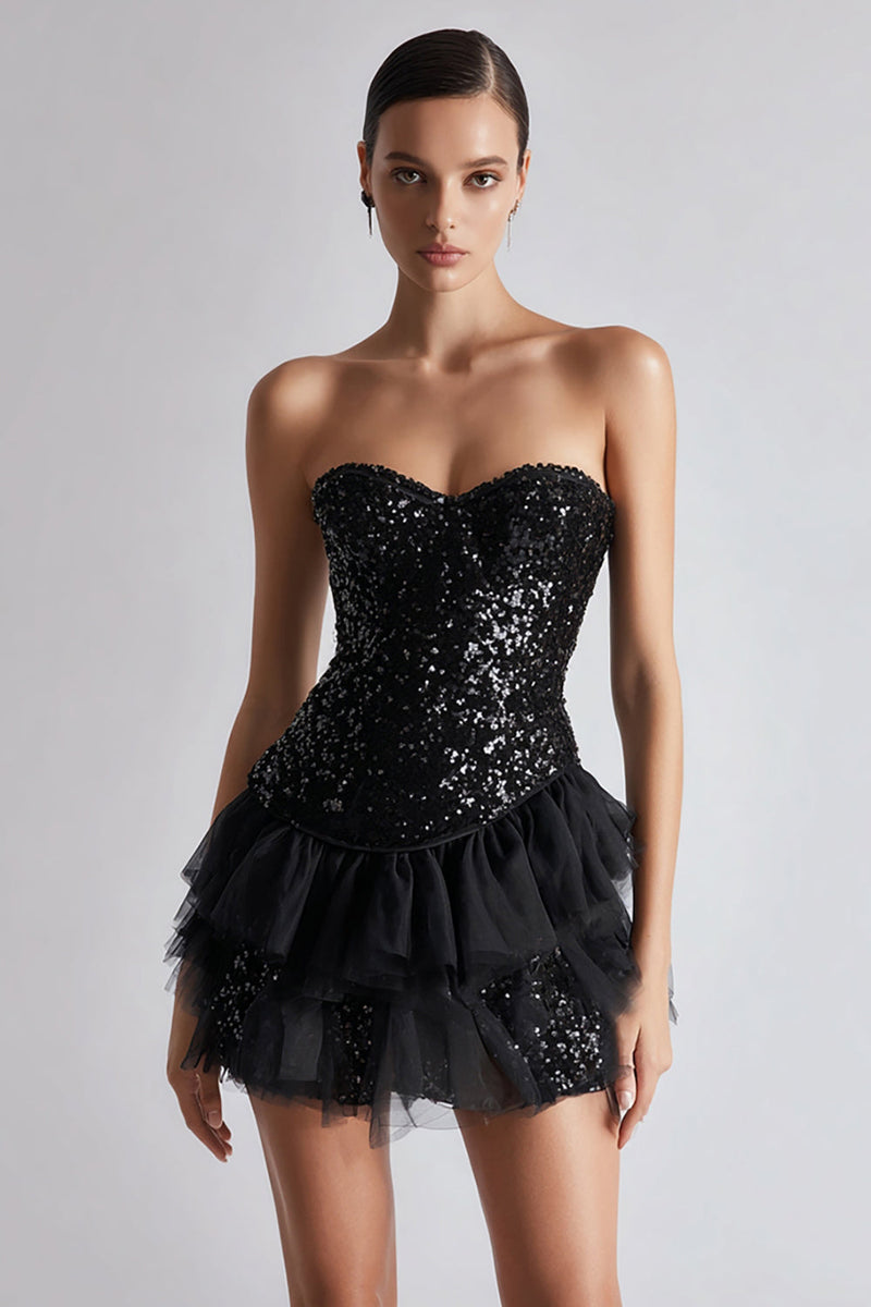 Load image into Gallery viewer, Women Sparkly Sweetheart Little Black Dress with Tulle Sequins Bodycon Cocktail Dress