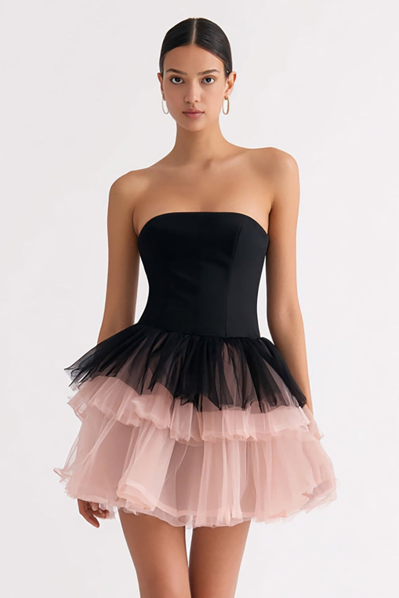 Load image into Gallery viewer, Black and Pink Tulle Tiered A Line Strapless Short Cocktail Dress