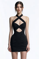 Load image into Gallery viewer, Tight Halter Bodycon Keyhole Ruched Little Black Dress