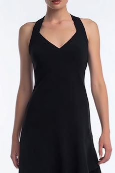 Simple A Line V-Neck High-Low Black Tie Dress
