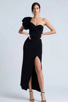 Load image into Gallery viewer, Sheath Simple Long One Shoulder Black Tie Dress with Slit