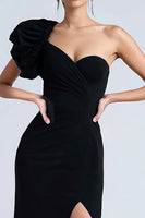 Load image into Gallery viewer, Sheath Simple Long One Shoulder Black Tie Dress with Slit