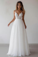 Load image into Gallery viewer, White A Line Spaghetti Straps Maxi Rehearsal Dinner Dress with Lace