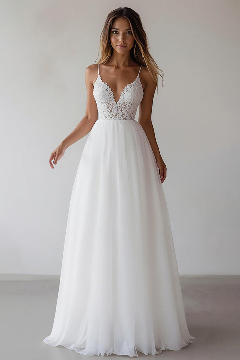 Load image into Gallery viewer, White A Line Spaghetti Straps Maxi Rehearsal Dinner Dress with Lace