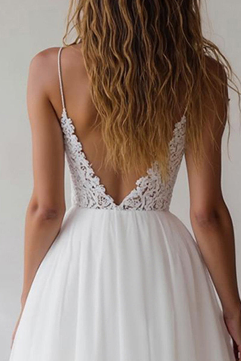Load image into Gallery viewer, White A Line Spaghetti Straps Maxi Rehearsal Dinner Dress with Lace