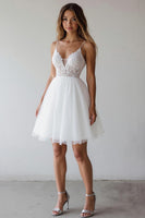 Load image into Gallery viewer, White Spaghetti Straps A Line Short Graduation Dress with Lace