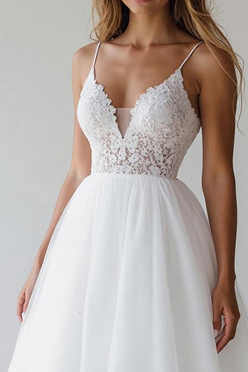 Load image into Gallery viewer, White Spaghetti Straps A Line Short Graduation Dress with Lace