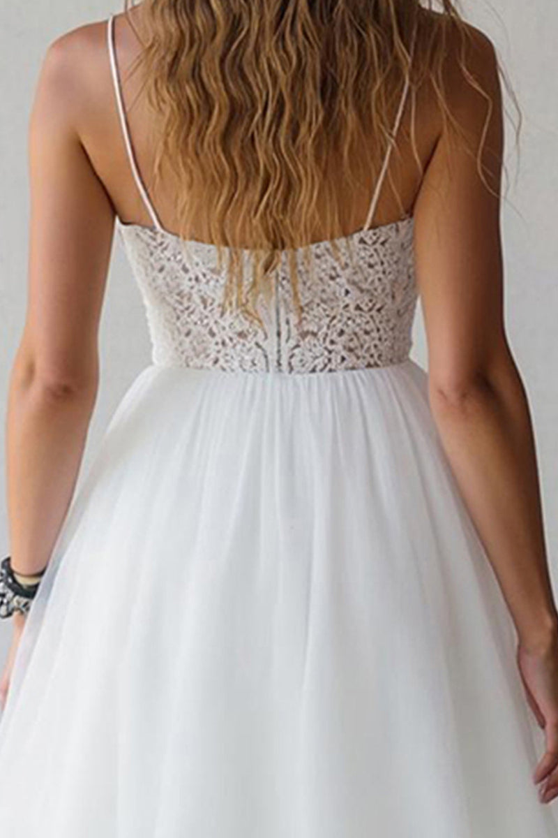 Load image into Gallery viewer, White Spaghetti Straps A Line Short Graduation Dress with Lace