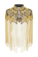 Load image into Gallery viewer, Women Sparkly Black Golden Fringed Beaded 1920s Cape – Vintage Great Gatsby Flapper Shawl for Party or Special Occasions