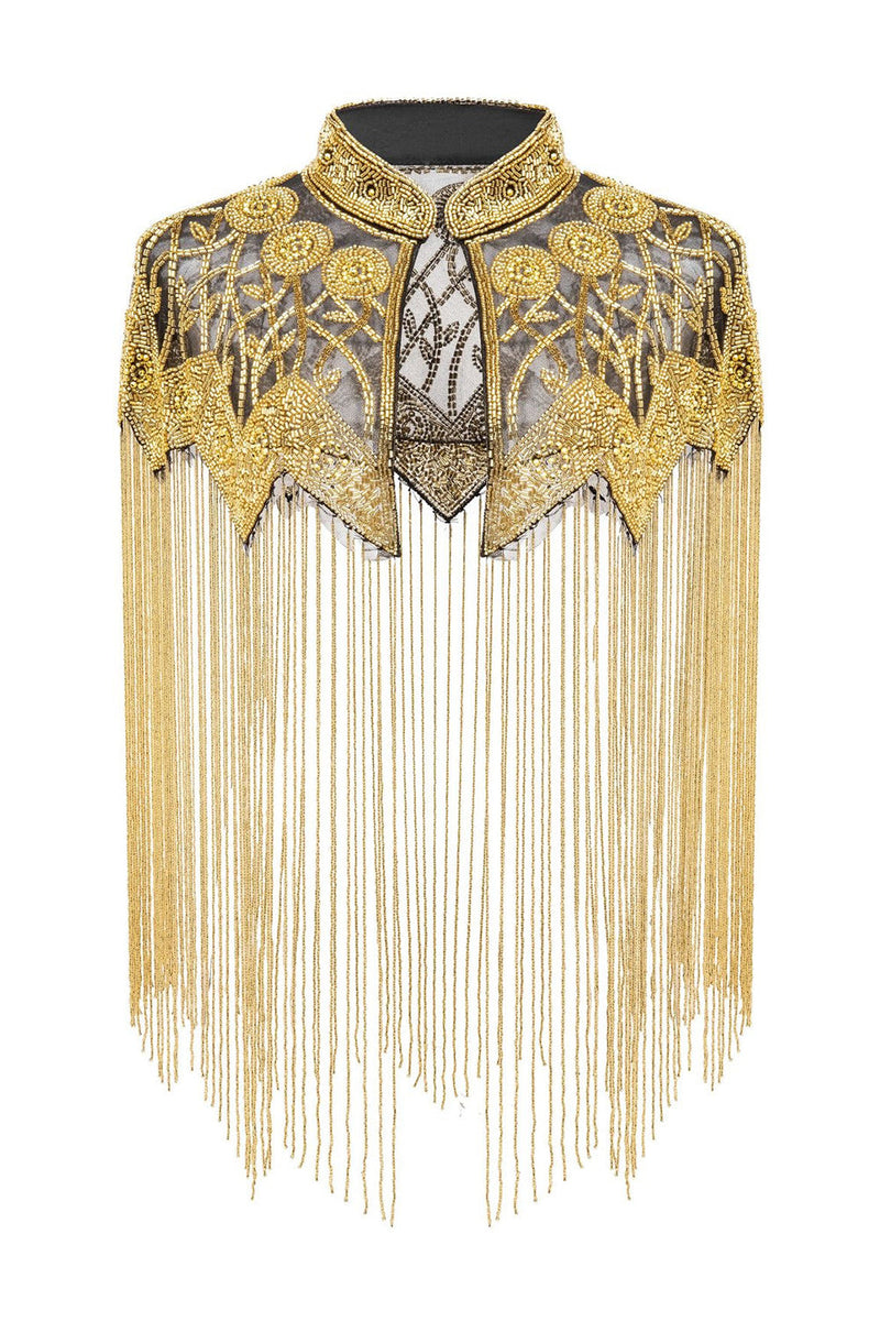 Load image into Gallery viewer, Women Sparkly Black Golden Fringed Beaded 1920s Cape – Vintage Great Gatsby Flapper Shawl for Party or Special Occasions