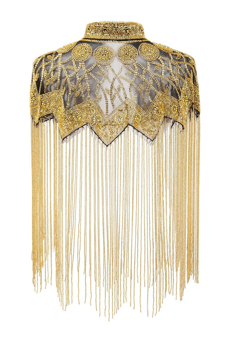 Load image into Gallery viewer, Sparkly Black Golden Fringed Beaded 1920s Cape