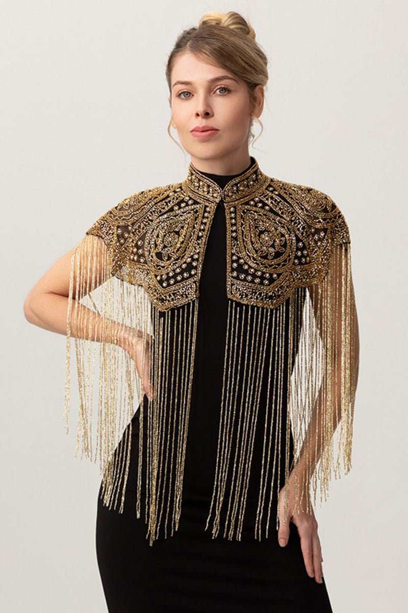 Load image into Gallery viewer, Sparkly Black Golden Fringed 1920s Cape with Beading
