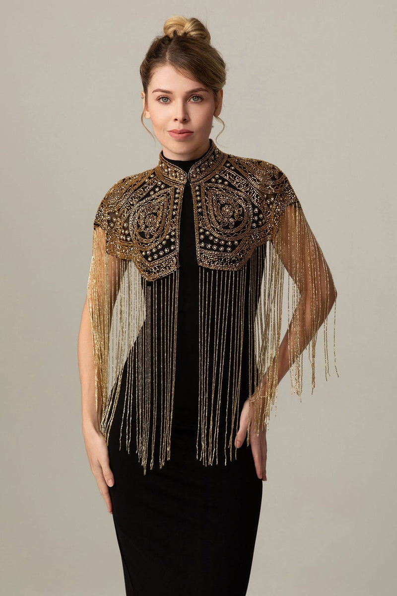 Load image into Gallery viewer, Sparkly Black Golden Fringed 1920s Cape with Beading
