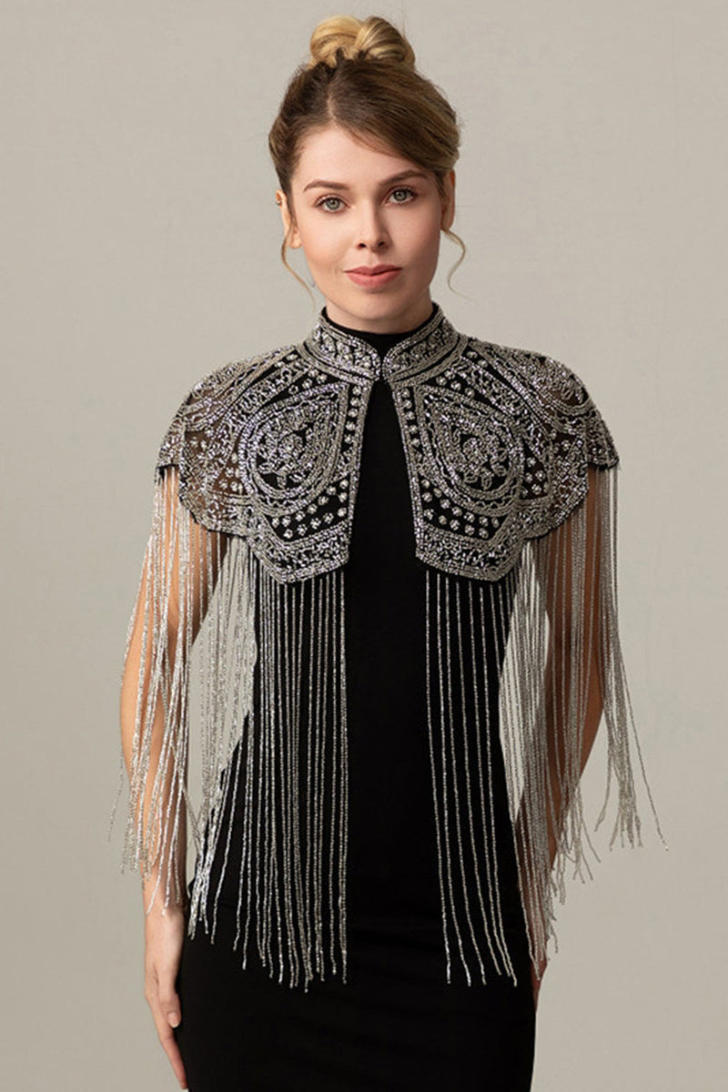 Load image into Gallery viewer, Sparkly Black Golden Fringed 1920s Cape with Beading