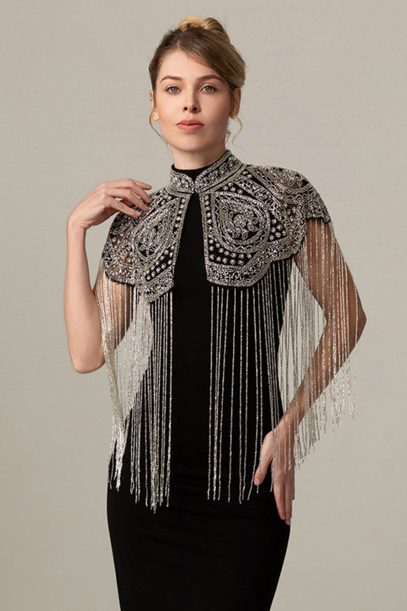 Load image into Gallery viewer, Sparkly Black Golden Fringed 1920s Cape with Beading