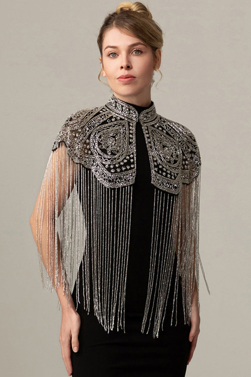 Load image into Gallery viewer, Sparkly Black Golden Fringed 1920s Cape with Beading