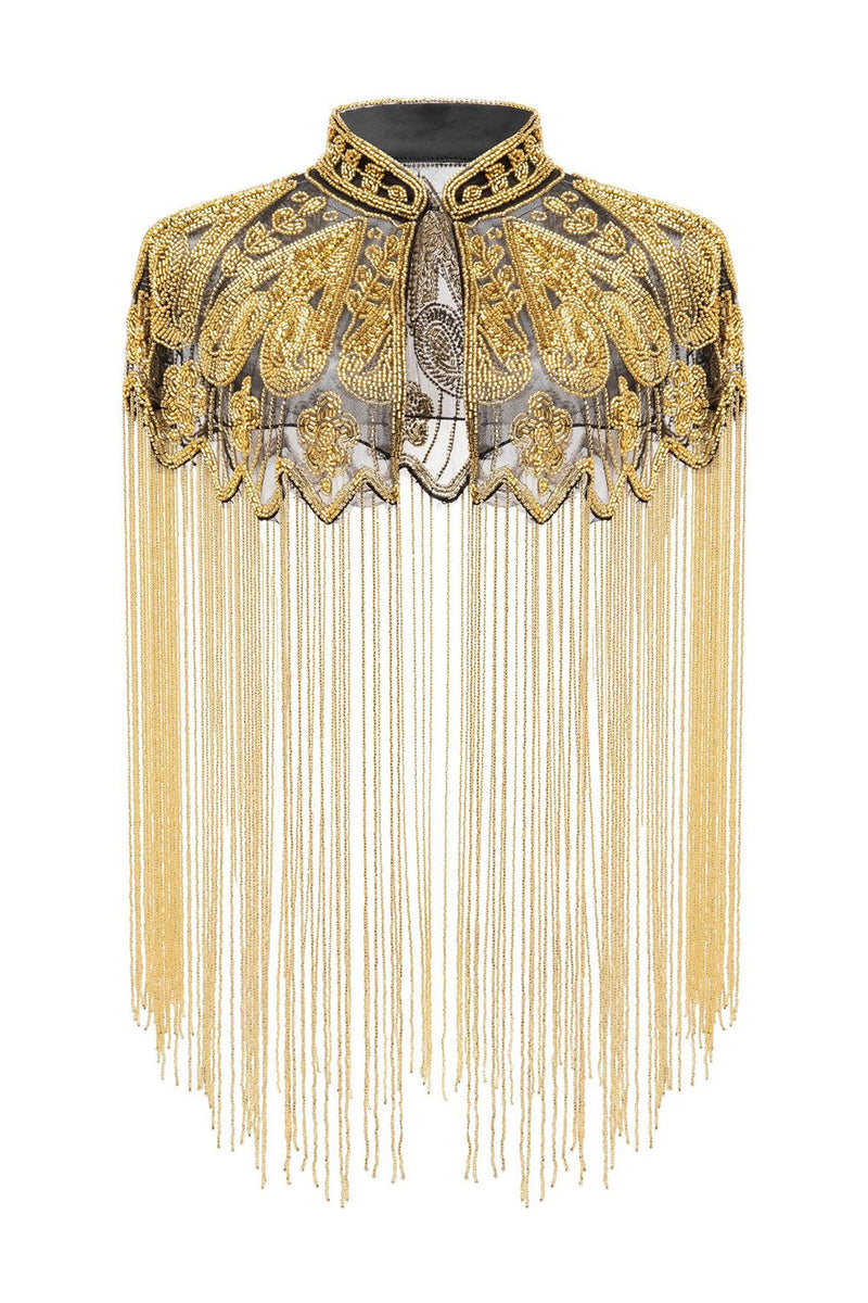 Load image into Gallery viewer, Sparkly Black Golden Beaded Fringed 1920s Cape