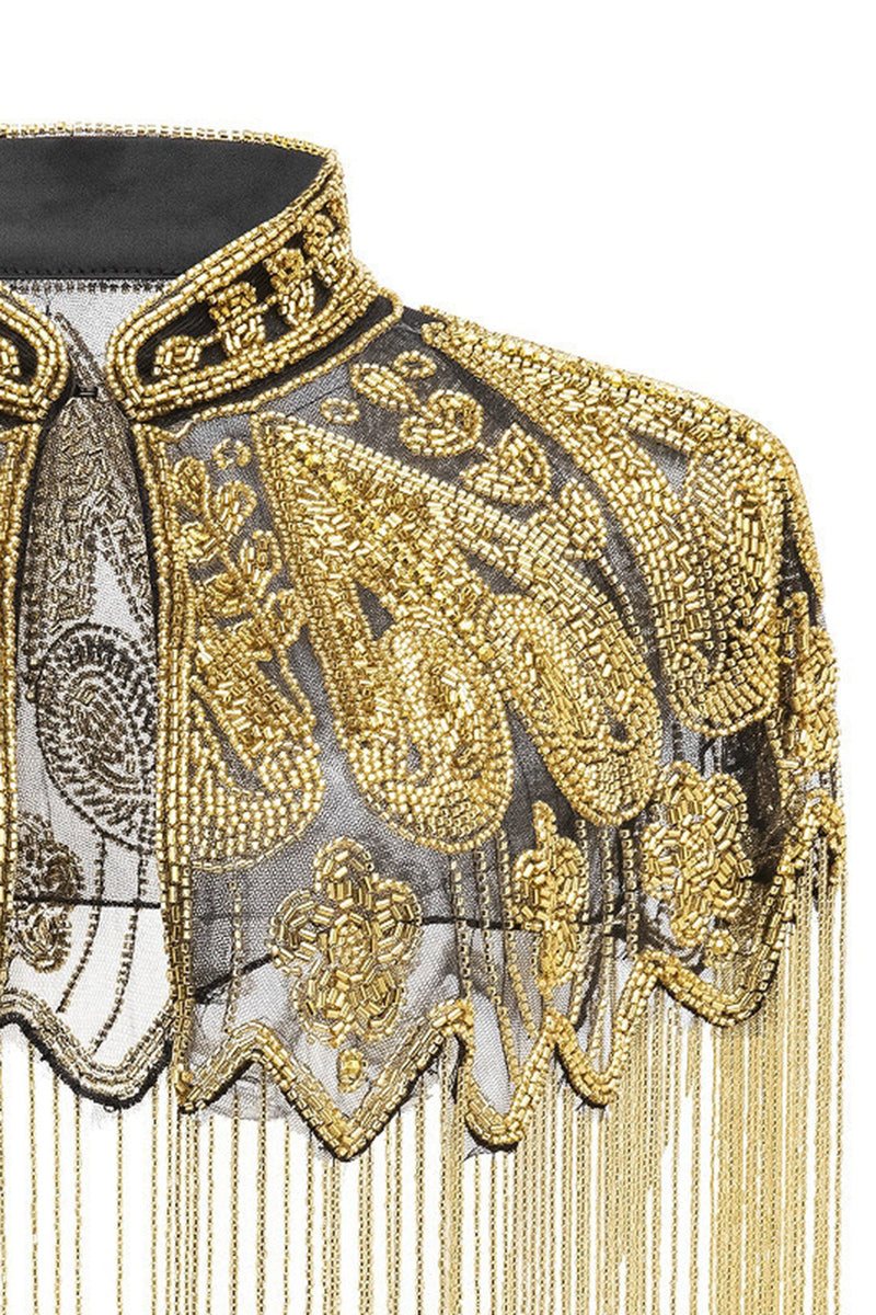 Load image into Gallery viewer, Sparkly Black Golden Beaded Fringed 1920s Cape