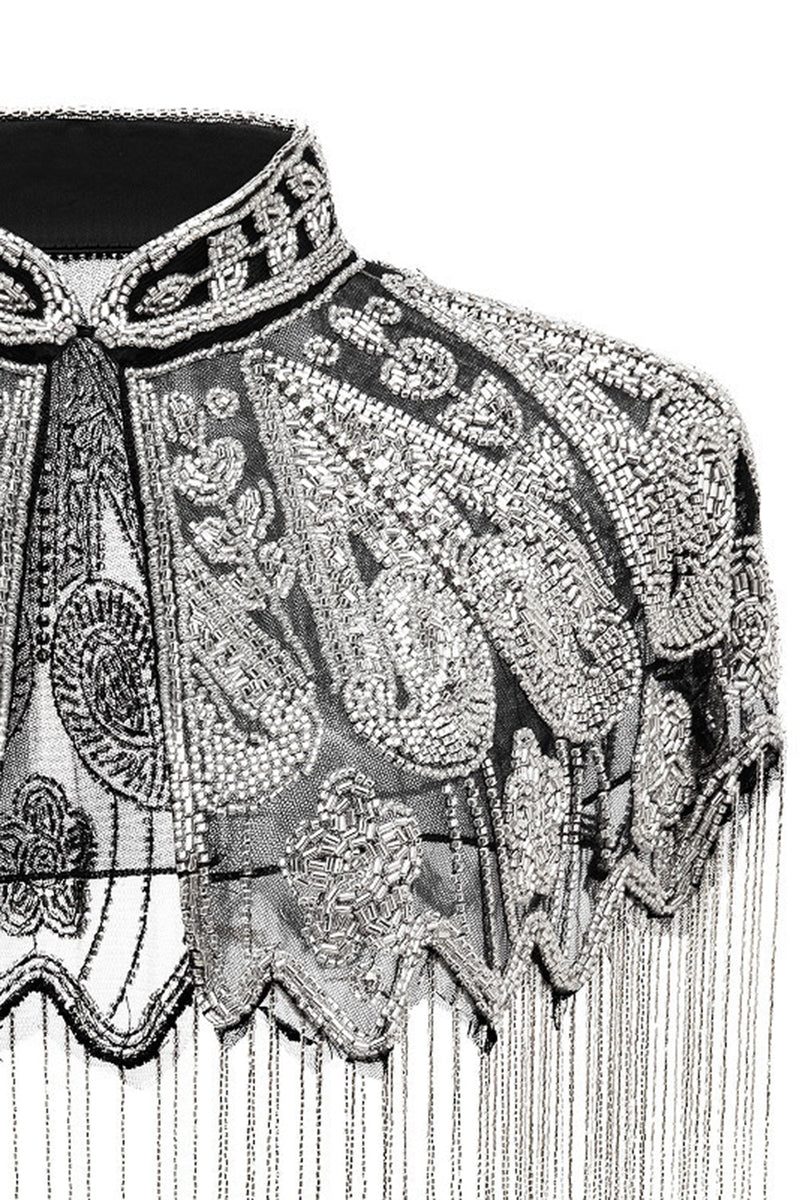 Load image into Gallery viewer, Sparkly Black Golden Beaded Fringed 1920s Cape