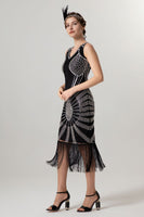 Load image into Gallery viewer, Sparkly Black Golden Bodycon Beaded Short 1920s Dress with Fringes