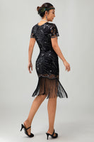 Load image into Gallery viewer, Sparkly Black Golden Sequins Flapper Dress with Fringes