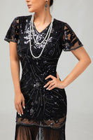 Load image into Gallery viewer, Sparkly Black Short Sleeves Sequins Flapper Dress with Fringes