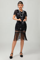 Load image into Gallery viewer, Sparkly Black Golden Sequins Flapper Dress with Fringes