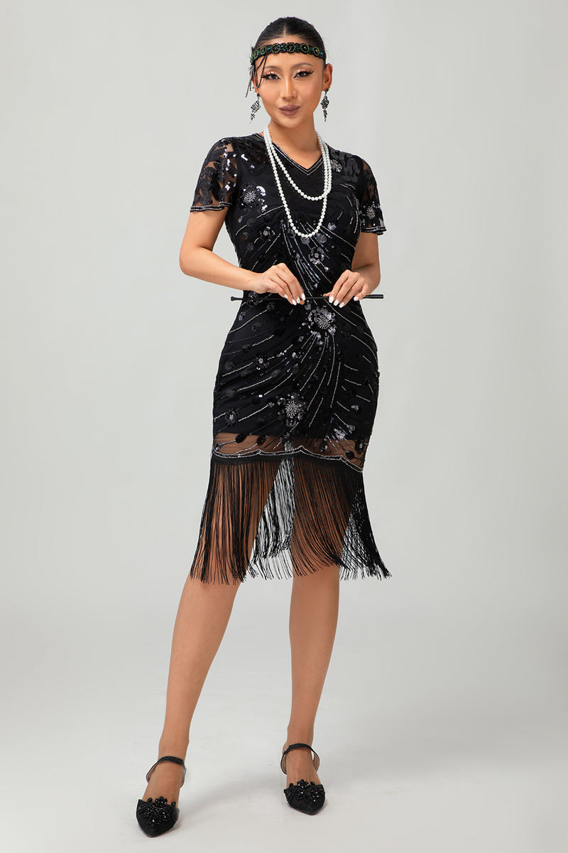Load image into Gallery viewer, Sparkly Black Golden Sequins Flapper Dress with Fringes